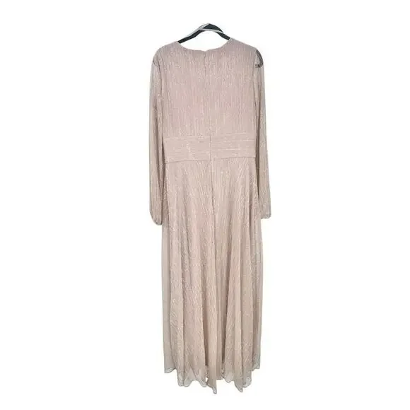 Betsy & Adam Champagne Metallic Long Sleeve Gown Size 16 NWT